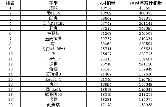 2024年12月汽車銷量排行榜 奇瑞異軍突起