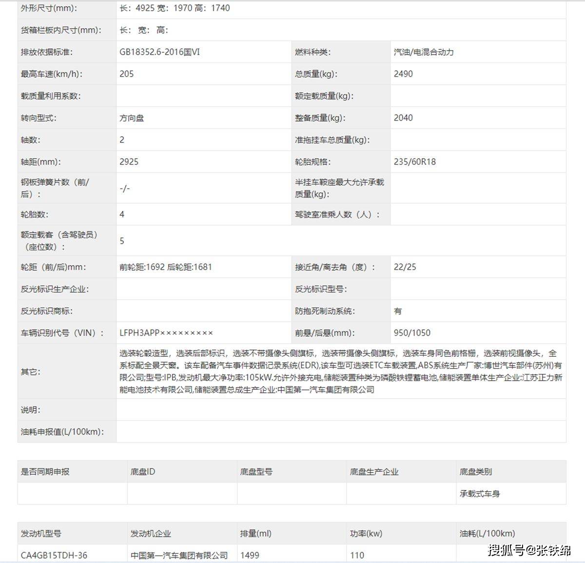 紅旗全新中型SUV,HS6正式申報,車長4925mm,搭載1.5T插混動力